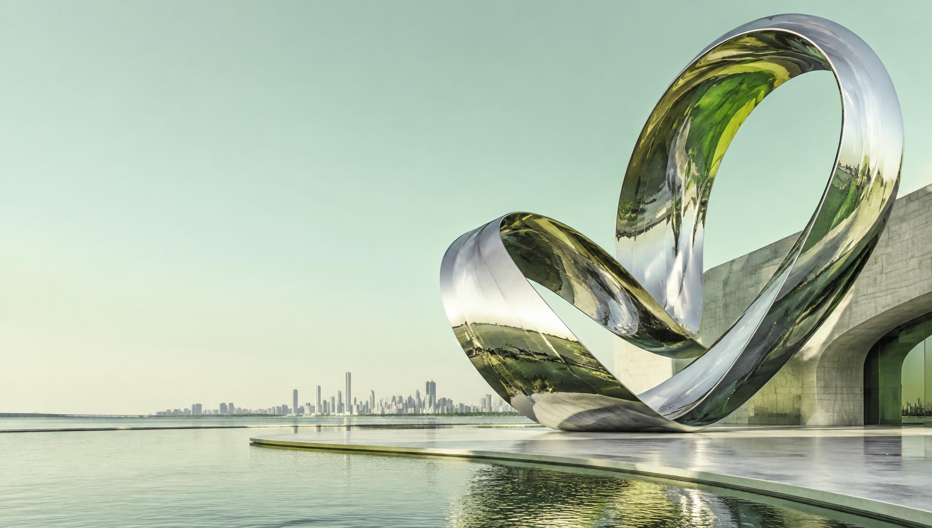 Sculptural chrome loop beside the water, representing connected capital and possibility